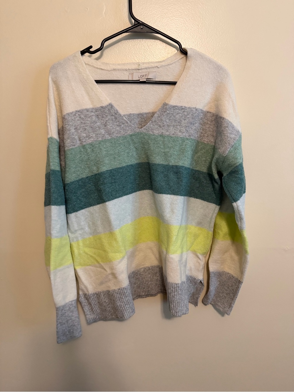 LOFT Striped V-Neck Sweater in Cream, Gray, Teal & Yellow-Green